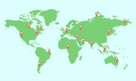 Colored illustrated map of the world with continents and navigator pin red mock up. location icon, Destination points.のイラスト素材