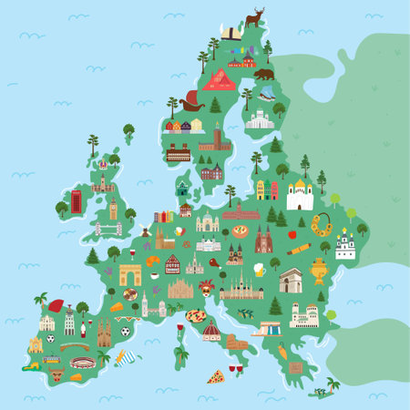 Illustrated map of Europe continent with famous landmarks and buildings. Travel and tourism background with ocean and green land. Temple, castle, cathedral, national food, wineのイラスト素材