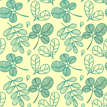 Green Hand drawn floral seamless pattern with doodle leaves of different shapes. flowers, plants, berries. Vector illustrationのイラスト素材