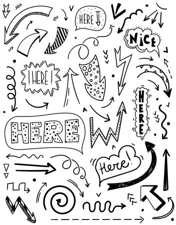 Doodle set of speech bubbles and arrows in comic hand drawn style. dialog windows with phrase here. Collection of curved pointers. Vector illustrationのイラスト素材