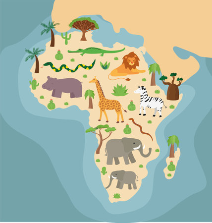 Cartoon hand drawn illustrated map of Africa with endemc trees, plants and Madagascar island. dragon tree, palm tree, cactus on colored background. Vectorのイラスト素材