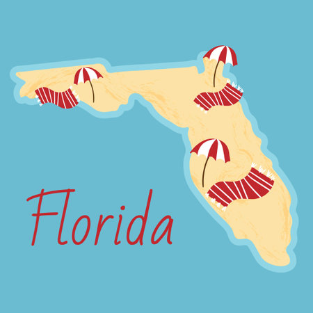 Simple border map of Florida - southern state on USA. Some beach umbrellas and towels. Land with textured background and orange letteringのイラスト素材