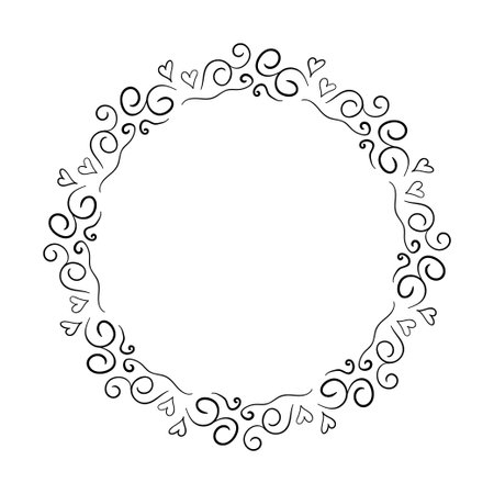 Simple Hand drawn vector frame isolated on white background. Black swirls curves decorated in circleのイラスト素材