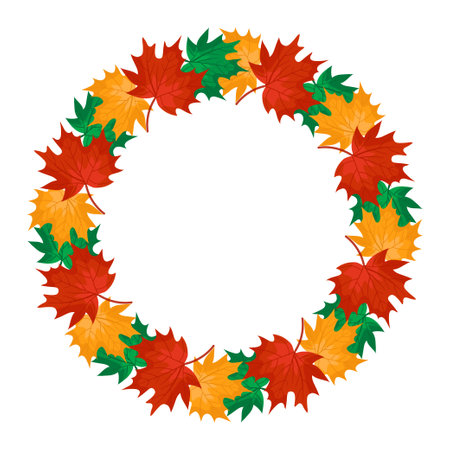 Seasonal frame design with orange, red and green maple leaves vector background for card, banner and autumn sale poster template.のイラスト素材