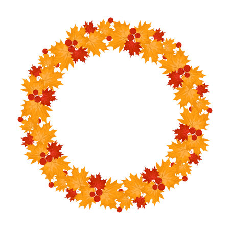 Seasonal frame design with orange, red and green maple leaves vector background for card, banner and autumn sale poster template.のイラスト素材
