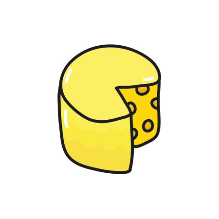 Hand drawn doodle colored Piece of cheese with holes. Black thick stroke. Vector illustration isolated on white backgroundのイラスト素材