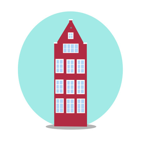 Amsterdam old house in the Dutch style. Red colorful historic facade. Traditional architecture of the Netherlands. Vector illustration flat cartoonのイラスト素材