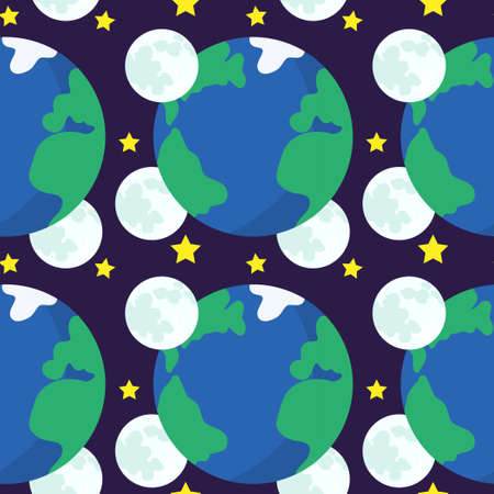 Hand drawn flat seamless pattern with Earth planet and moonのイラスト素材