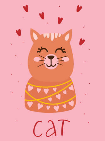 Valentines day card with cute funny cat with hearts around. Hand drawn vector illustration. Scandinavian style flat design. Concept for children holiday print.のイラスト素材