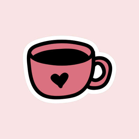 Hand drawn sticker for Valentines day. Coffee or tea cup with hot drink and heart on mug.のイラスト素材