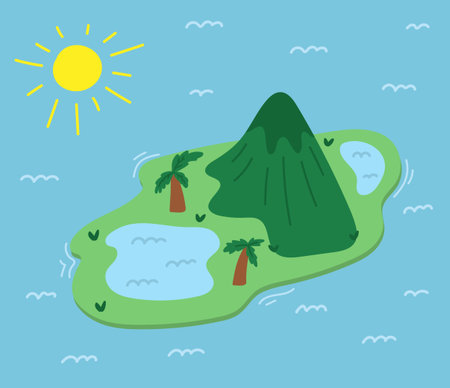 Green mountain peak on small island with palm trees and lakes.のイラスト素材