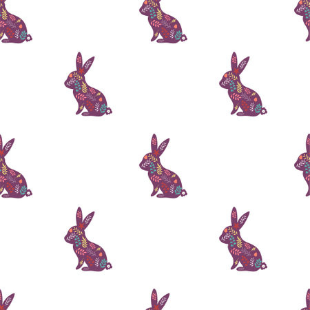 Cute icon colorful seamless pattern with bunnies decorated with flowers and twigs.のイラスト素材