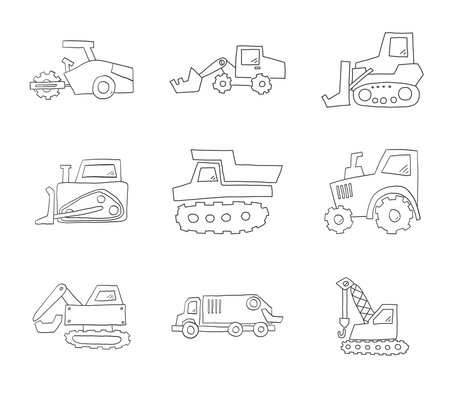 Transportation icon series hand drawn doodle sketch. Simple icons with shaky lines. tractor, bulldozer and dump truck.のイラスト素材