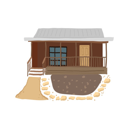 Cute country house with door, windows and porch. Exterior of home with a small vegetable garden and a railing.のイラスト素材