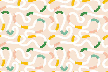 Seamless pattern of colorful abstract squiggles print, scribble spiral and wavy lines. retro 80s memphis style. Chaotic ink brush scribbles. Vector illustrationのイラスト素材