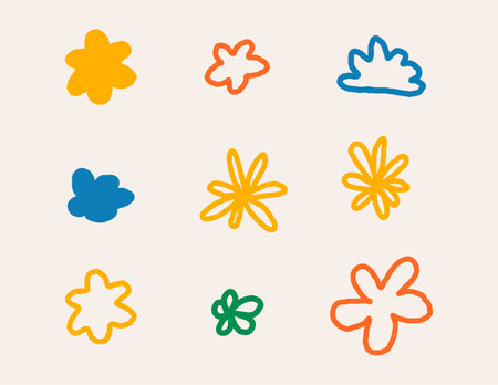 Naive groovy vector Boho doodle set. Brutal contemporary flowers. Swiss design aesthetic. Geometric black posters in trendy retro brutalist design style.のイラスト素材