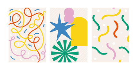 Naive groovy abstract shapes set. Brutal contemporary figure star oval wave patterns. Swiss design...