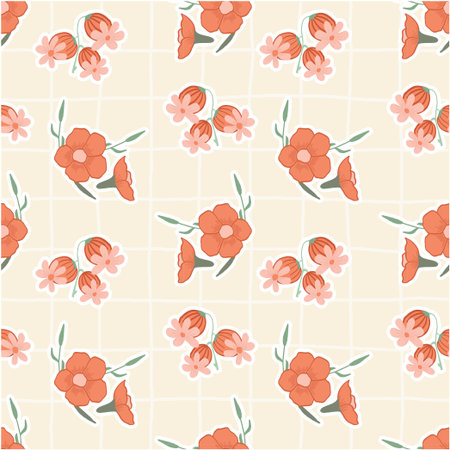 floral Cottagecore cute Plaid Checks Seamless Pattern. Homestead print with pastel colors. Farmhouse...