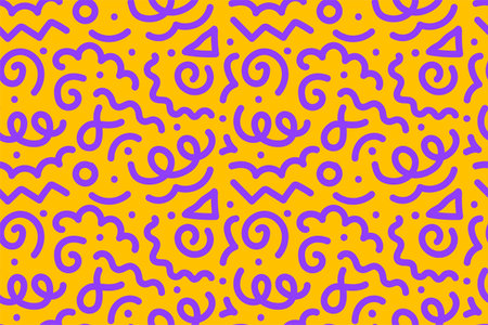 Seamless pattern of colorful abstract squiggles print, scribble spiral and wavy lines. retro 80s...