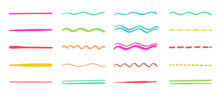 Collection of strikethrough multi colored underlines. different doodle colorful dotted and wavy lines emphasis. Horizontal hand drawn marker stripes, brush strokesのイラスト素材
