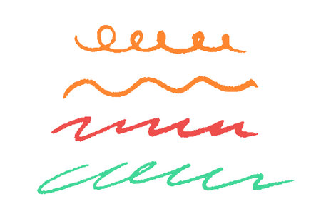 crayon emphasis underline. Hand drawn colored charcoal curly lines, squiggles and shapes for diagrams. Doodle simple sketch icon. Vector illustration isolated on white.のイラスト素材