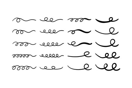Set of Swoosh and swoops underline typography tail shapes. Brush drawn thick curved smear. Hand drawn curly swish, swash, squiggle, twiddle. Vector calligraphy doodle swirl. Vector Underlined iconのイラスト素材