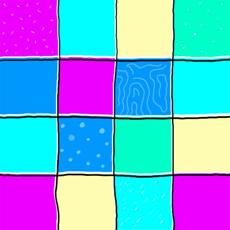 Doodle Gingham Check Plaid Vector Pattern in Vibrant, saturated colors. hand drawn crossing colored stripes. Chequered geometrical background. Print with texture.のイラスト素材