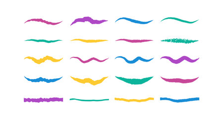 Set of colored Swoosh and swoops underlines typography tail shapes. Brush drawn thick curved smear. Hand drawn curly swish, swash, squiggle, twiddle. Vector calligraphy doodle swirl. Vector Underlined iconのイラスト素材