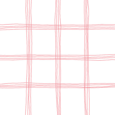 Doodle Gingham Check Plaid Vector Pattern. Vertical and horizontal hand drawn crossing pink stripes. Chequered geometrical background. Cottagecore Homestead Farmhouse Printのイラスト素材