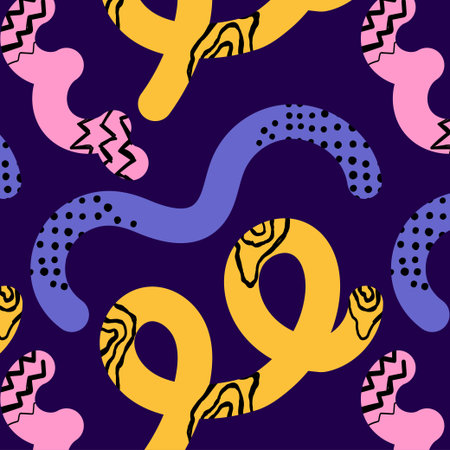 Naive seamless squiggle pattern with dark checkered lines on a dark background. Creative abstract hand drawn style drawing background with textureのイラスト素材