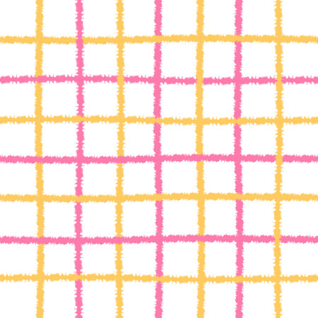 Doodle Gingham Check Plaid Vector Pattern. Vertical and horizontal hand drawn crossing textured pink and yellow stripes. Chequered freehand geometrical background. Cottagecore Homestead Farmhouse Printのイラスト素材