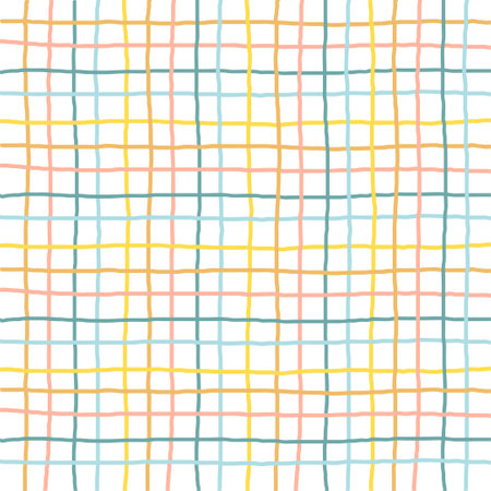 Doodle Gingham Check Plaid Vector Pattern. Vertical and horizontal hand drawn crossing colored stripes. Chequered geometrical background. Cottagecore Homestead Farmhouse Printのイラスト素材