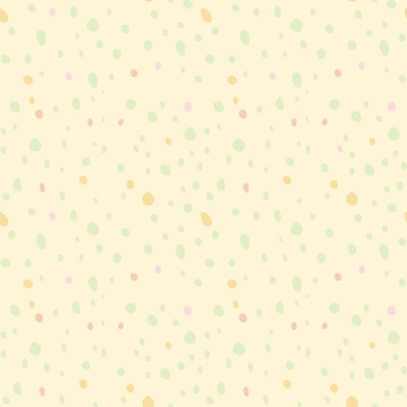Polka dot doodle pattern with different hand drawn rounded spots isolated on yellow background. Green, red, purple, pink, violet, yellow dotted wallpaper.のイラスト素材