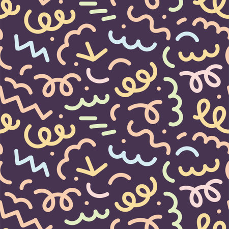 Cute hand drawn colorful line doodle seamless pattern. Creative minimalist style art background for kids or trendy design with basic shapes. Simple childish scribble swirlsのイラスト素材