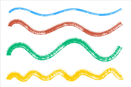 Hand drawn grungy wavy lines and squiggles. Colored red yellow green chalk charcoal underlines. Vector illustration isolated on whiteのイラスト素材