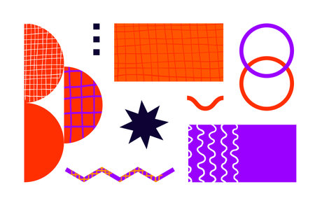 Brutalist posters set with abstract geometric shapes and naive grids. Brutal contemporary figure star oval spiral wave and other primitive elements and textures. Swiss design aesthetic. Vector illustrationのイラスト素材