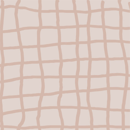 Hand drawn beige plaid pattern. Check, square doodle background. Line art freehand grid. Crossing white stripes brush stroke. Notebook Texture. Abstract Psychedelic print with Wavy Doodle Stripes.のイラスト素材