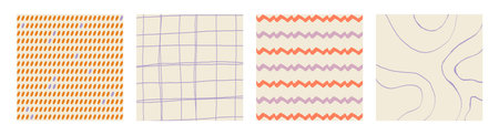 Simple Geometric Hand Drawn Irregular Patterns. Cute Colored Doodle Checkered simple drawing with...