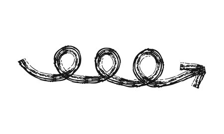 Brush drawn thick doodle squiggle arrow. black grunge banner for your design. Abstract chalk painted background icon. ink splatter and artistic design elements. Dirty dry crayon paintbrush texture.のイラスト素材