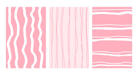 Simple Geometric Hand Drawn Irregular Patterns. Pink Doodle Striped simple drawing with textures. Poster setのイラスト素材