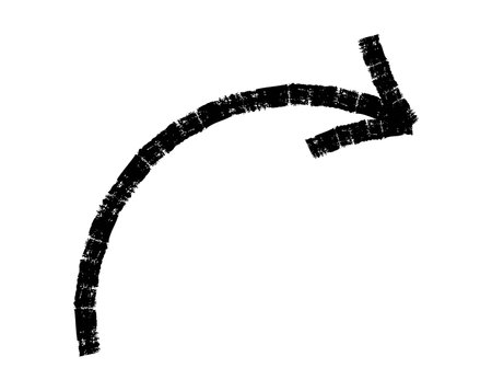 Hand drawn simple arrow drawn with wax crayon, chalk or charcoal. Uneven dry texture for underlining highlighting. Pencil drawn lines, strikethrough, grungy vector isolated on white.のイラスト素材