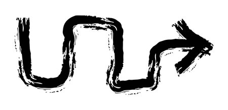 Hand drawn simple arrow drawn with wax crayon, chalk or charcoal. Uneven dry texture for underlining highlighting. Pencil drawn lines, strikethrough, grungy vector isolated on whiteのイラスト素材