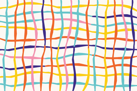 Hand drawn striped grid pattern with organic geometric shapes lines. bright colors Doodle cut out stripes strokes print. Abstract graphic linear geometryのイラスト素材