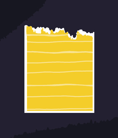 cut out abstract yellow paper sheet with bright colored textured stripes and grid. Hand drawn notes, crumpled torn paper. Jagged edges. Frame and textboxのイラスト素材