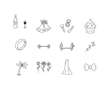 A hand-drawn vector icon set featuring over wedding-themed illustrations in clean black line art.のイラスト素材