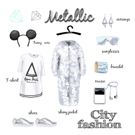 Glow bright fashion outfit image shine jacket and accessoriesの写真素材