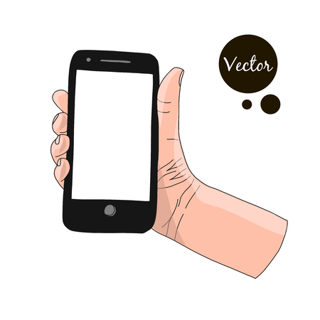 Hand holding smart phone, simple illustration, hand drawn, isolated on white background.のイラスト素材