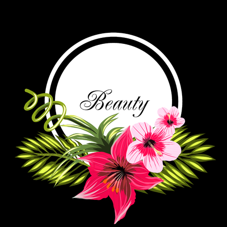 Beautiful tropical flowers bouquet and white frame on a black backgroundのイラスト素材