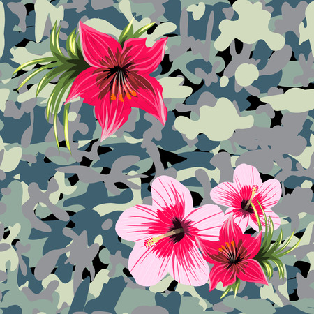 Military print camouflage illustration with flowers protection seamless patternのイラスト素材