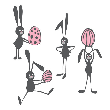 Easter bunny gray pink set funny illustrationのイラスト素材